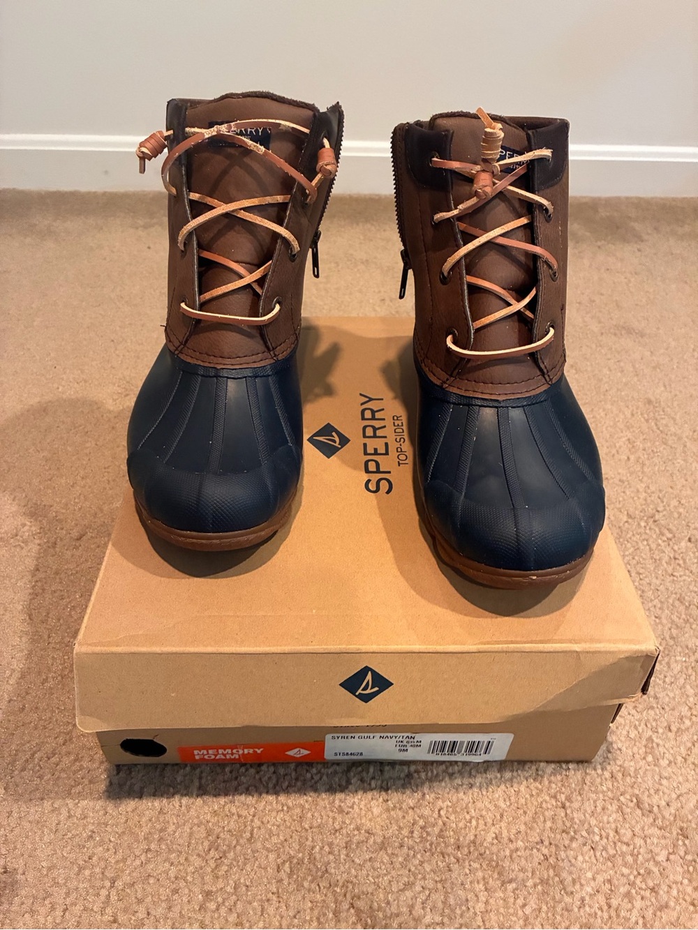 Sperry Brown Leather and Navy Rubber Duck Boots. Like New